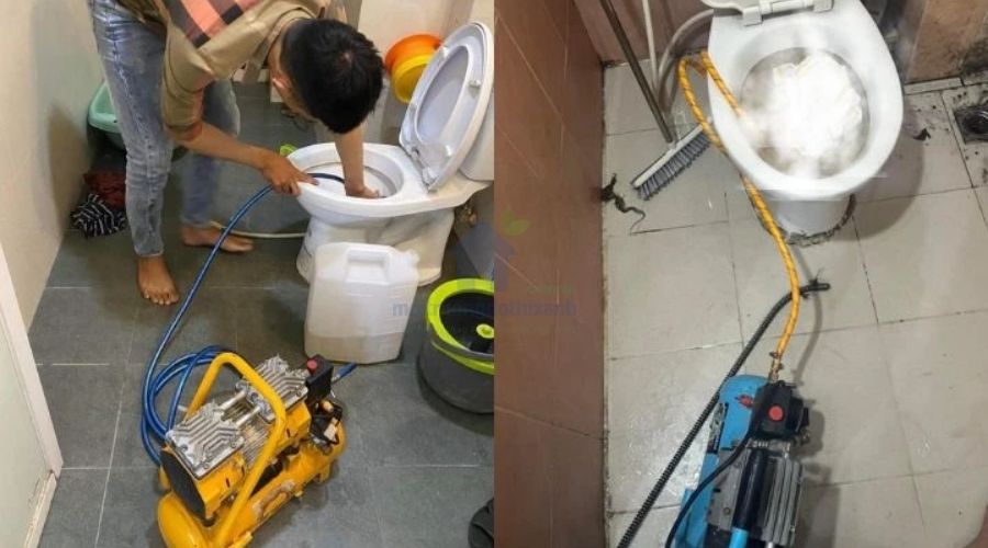 Thông bồn cầu bị nghẹt nặng bằng máy nén khí