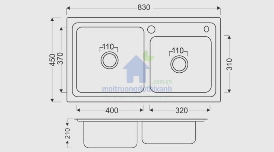 Bản vẽ kích thước chậu rửa chén 2 hố lắp âm